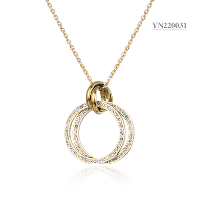 Colar de moda ouro aço inoxidável colar duplo strass anel pingente colar