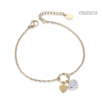 Pulseira de strass coração duplo 16cm ouro 14k inox romântico pulseiras para ela