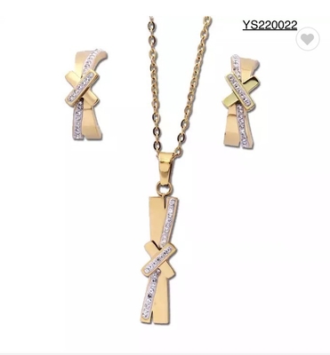 Conjunto de joias douradas de aço inoxidável em forma de X, brincos e colar de strass
