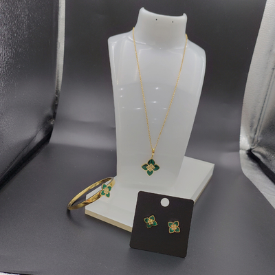 Os mais recentes brincos de ouro de cor de aço inoxidável, colar, pulseiras com pedra verde para a senhora