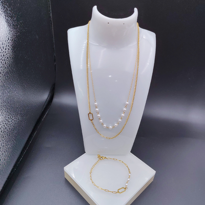 Nova Chegada Moderna Perla Dupla Linhas Mais Novo Dourado Cores de Aço Inox, Colar, Pulseiras para Dama
