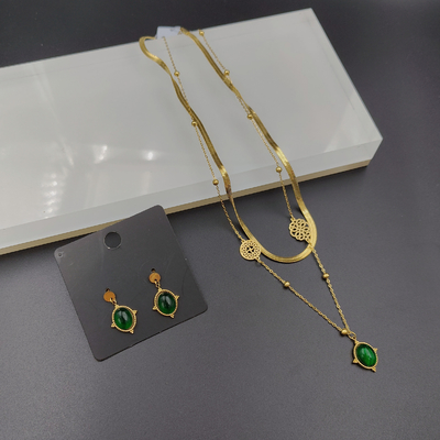 Os mais recentes brincos de ouro de cor de aço inoxidável, colar, pulseiras com pedra verde para a senhora