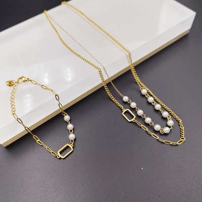 Nova Chegada Moderna Perla Dupla Linhas Mais Novo Dourado Cores de Aço Inox, Colar, Pulseiras para Dama